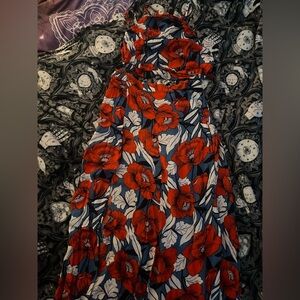 Lulu's Maxi skirt and open back crop top Red and Blue tropical Floral set medium